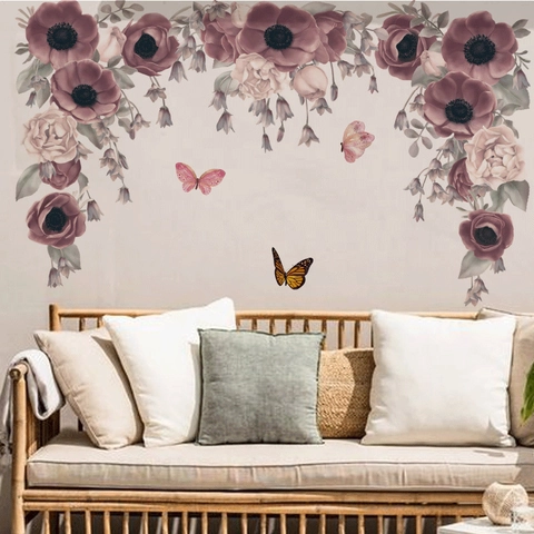 Lila Blumen Schmetterling Wandtattoo PVC Abnehmbar Selbstklebend Floral Reben Wandsticker Für Wohnzimmer Schlafzimmer Deko