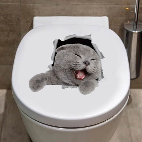 Pegatina de Pared de Gato con Efecto de Pared Rota 3D Impermeable PVC Calcomanía de Inodoro Gris British Shorthair Decoración