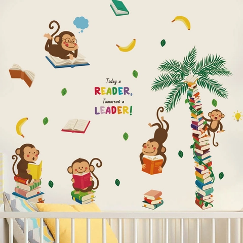 Cartoon Monkey Reading Books Wall Sticker Kids Room Motivational Quote Today A Reader Tomorrow A Leader PVC Removable Wall Decal