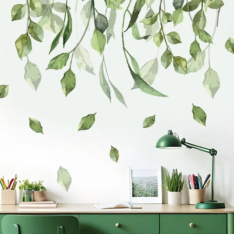 Fresh Green Leaf Botanical Wall Sticker Removable PVC Watercolor Hanging Vines Wall Decals For Living Room Bedroom Home Decor