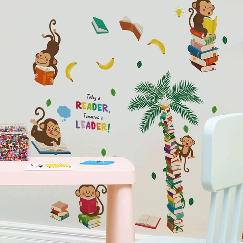 Cartoon Monkey Reading Books Wall Sticker Kids Room Motivational Quote Today A Reader Tomorrow A Leader PVC Removable Wall Decal