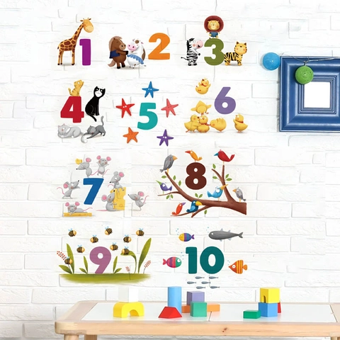 Adesivi Murali con Numeri di Animali dei Cartoni Animati Educativi in PVC Autoadesivi per Decorazione Camera Bambini ZB585