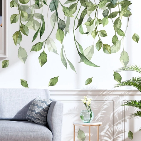 Fresh Green Leaf Botanical Wall Sticker Removable PVC Watercolor Hanging Vines Wall Decals For Living Room Bedroom Home Decor
