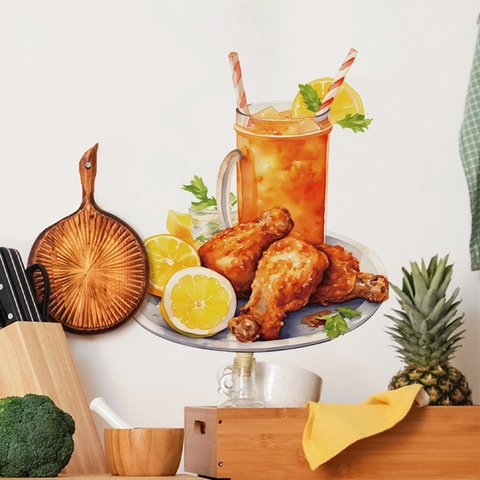 Watercolor Fried Chicken Orange Juice Food Illustration Wall Sticker Waterproof Removable PVC Toilet Sticker Kitchen Restaurant Decor