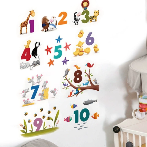 Adesivi Murali con Numeri di Animali dei Cartoni Animati Educativi in PVC Autoadesivi per Decorazione Camera Bambini ZB585