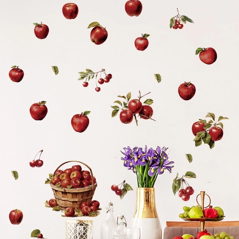 Realistic Red Apple Cherry Fruit Basket Wall Stickers Removable PVC Fridge Decals For Kitchen Dining Room Home Decoration