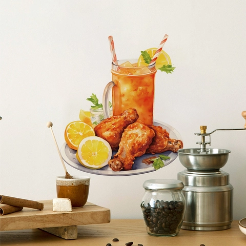 Watercolor Fried Chicken Orange Juice Food Illustration Wall Sticker Waterproof Removable PVC Toilet Sticker Kitchen Restaurant Decor