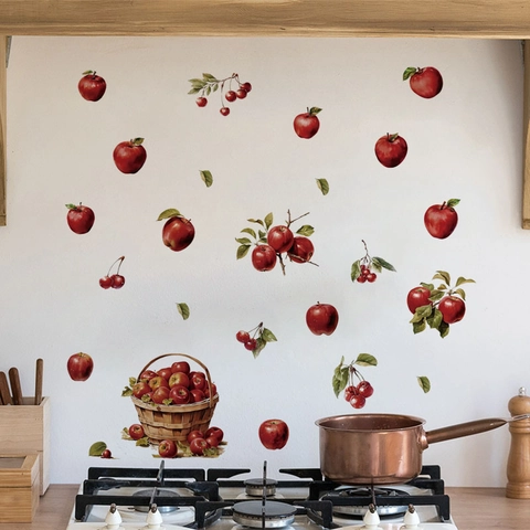 Realistic Red Apple Cherry Fruit Basket Wall Stickers Removable PVC Fridge Decals For Kitchen Dining Room Home Decoration