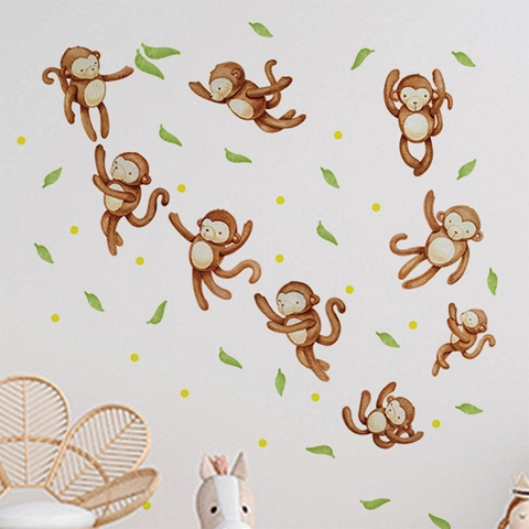Aquarell Cartoon Affe Blatt Abnehmbare PVC Wandaufkleber Für Kinderzimmer Schlafzimmer Spielzimmer Home Decor Selbstklebend Wandbild