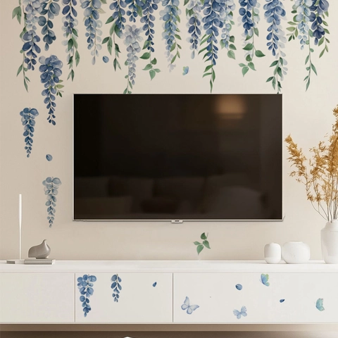 Adesivi Murali con Fiori di Glicine Blu e Farfalle in PVC Rimovibili Autoadesivi Decalcomanie Floreali per Soggiorno Camera da Letto