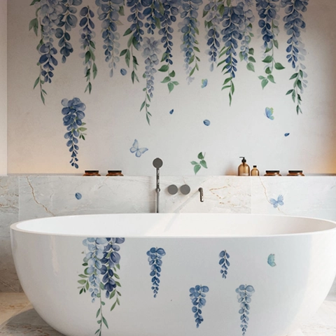Adesivi Murali con Fiori di Glicine Blu e Farfalle in PVC Rimovibili Autoadesivi Decalcomanie Floreali per Soggiorno Camera da Letto