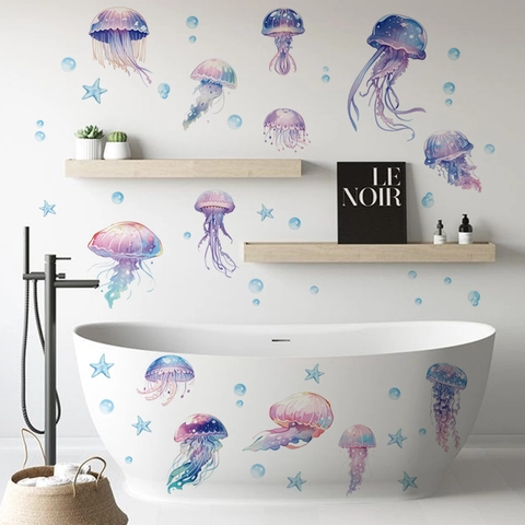 Watercolor Jellyfish Wall Stickers Dreamy Ocean Animal Starfish Bubbles Decals For Bathroom Bathtub Nursery Kids Room Decor