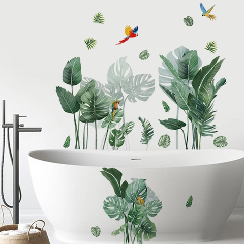 Tropische Monstera Palmenblatt Papagei Wandtattoo Selbstklebend Abnehmbar PVC Wandaufkleber Für Wohnzimmer Bad Home Decor
