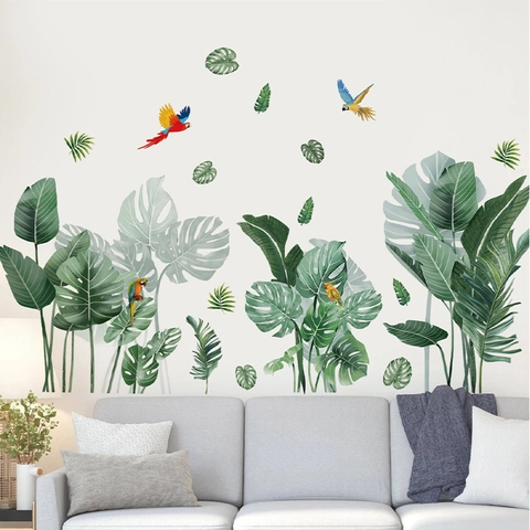 Tropische Monstera Palmenblatt Papagei Wandtattoo Selbstklebend Abnehmbar PVC Wandaufkleber Für Wohnzimmer Bad Home Decor