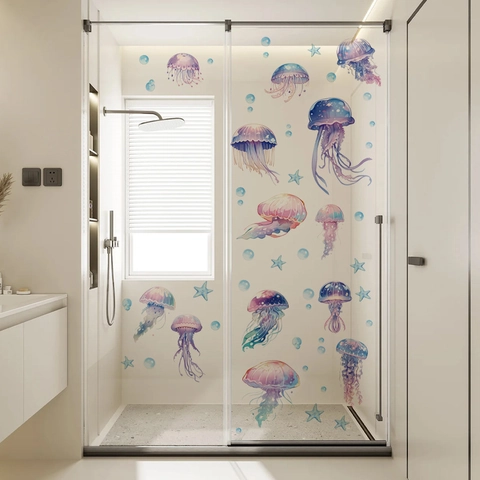 Watercolor Jellyfish Wall Stickers Dreamy Ocean Animal Starfish Bubbles Decals For Bathroom Bathtub Nursery Kids Room Decor