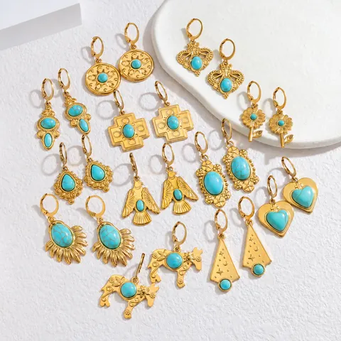 Bohemian Stainless Steel Turquoise Leverback Earrings For Women Vintage 18K Gold Plated Palace Style Dangle Earrings Jewelry