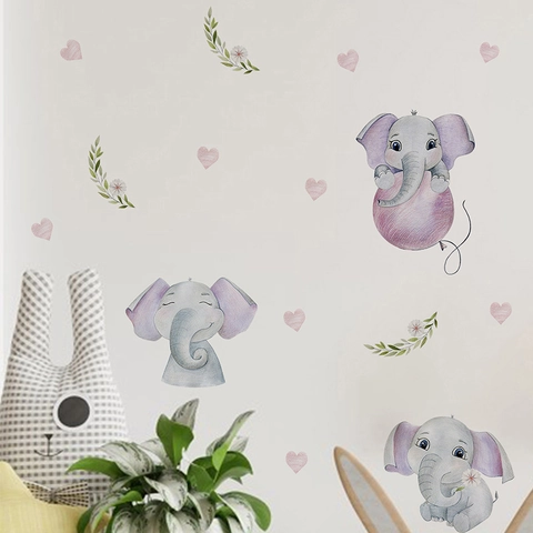 Pegatinas de Pared de Elefante de Dibujos Animados PVC Autoadhesivas Removibles Acuarela Corazones Rosas Elefante Púrpura para Niños