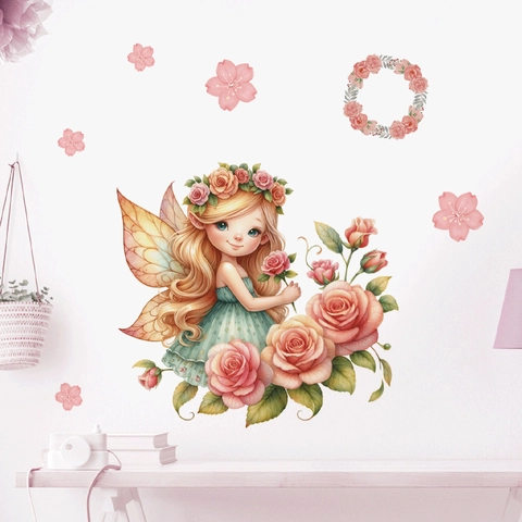 Adesivi Murali Fata dei Fiori Rosa Acquerello Decalcomanie da Muro Elfo Floreale Rosa per Cameretta Bambini Casa Estetica