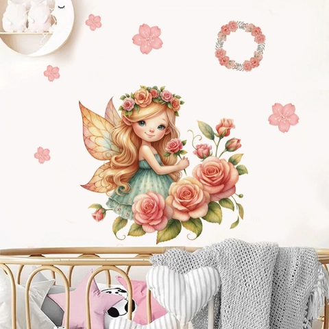 Adesivi Murali Fata dei Fiori Rosa Acquerello Decalcomanie da Muro Elfo Floreale Rosa per Cameretta Bambini Casa Estetica