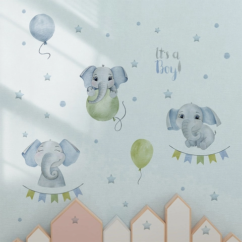 Adesivo da Parete Elefante Cartone Animato Acquerello Con Palloncini It's a Boy Citazione Per Decorazione Camera Neonato Stelle Blu