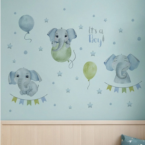 Adesivo da Parete Elefante Cartone Animato Acquerello Con Palloncini It's a Boy Citazione Per Decorazione Camera Neonato Stelle Blu