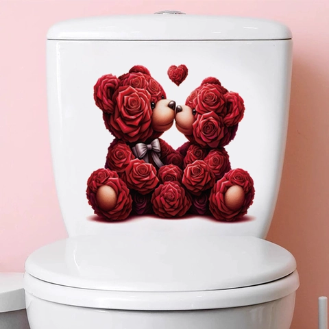Valentine's Day Red Rose Bears Toilet Sticker Romantic Heart Pattern PVC Self-Adhesive Removable Bathroom Wall Decal
