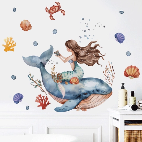 Watercolor Mermaid Riding Whale Wall Stickers Ocean Theme Removable PVC Decals For Bathroom Bathtub Nursery Kids Room Home Decor