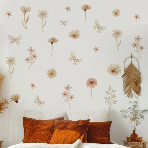 Boho Aquarell Blume Schmetterling Wandtattoo Selbstklebend Gänseblümchen Wildblumen Wandaufkleber für Schlafzimmer Wohnzimmer