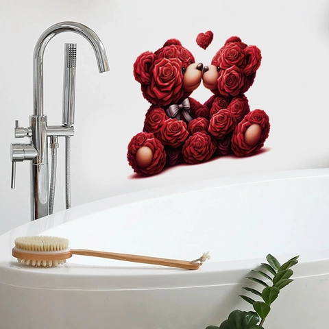 Valentine's Day Red Rose Bears Toilet Sticker Romantic Heart Pattern PVC Self-Adhesive Removable Bathroom Wall Decal