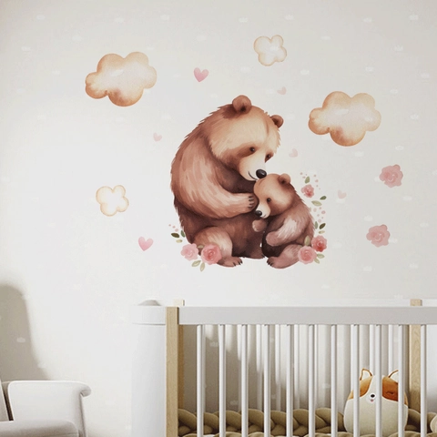 Watercolor Mother And Child Bear Cloud Wall Sticker Cartoon Heart Flower Removable PVC Mural For Nursery Kids Room Decor