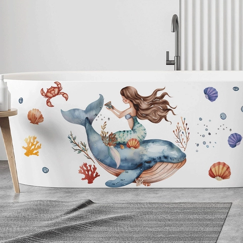 Watercolor Mermaid Riding Whale Wall Stickers Ocean Theme Removable PVC Decals For Bathroom Bathtub Nursery Kids Room Home Decor