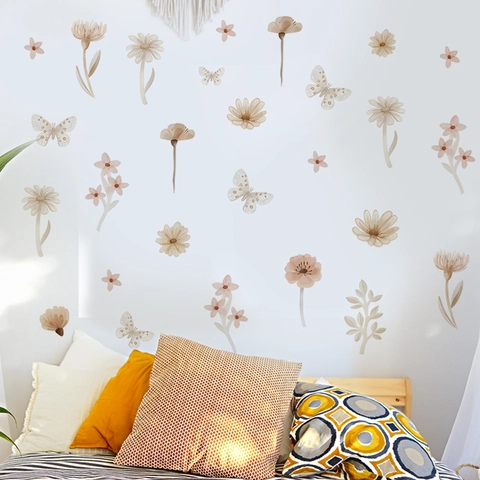 Boho Aquarell Blume Schmetterling Wandtattoo Selbstklebend Gänseblümchen Wildblumen Wandaufkleber für Schlafzimmer Wohnzimmer