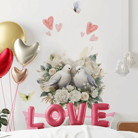 Romantische Duiven Hart Bloem Muursticker Voor Valentijnsdag Bruiloft Slaapkamer Woonkamer PVC Zelfklevend Verwijderbaar Decoratie