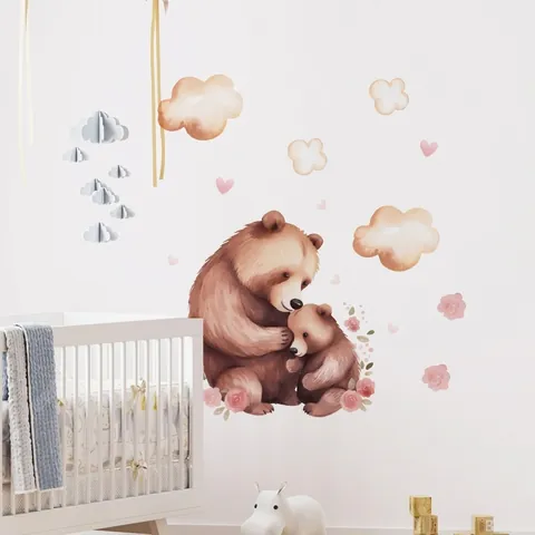 Watercolor Mother And Child Bear Cloud Wall Sticker Cartoon Heart Flower Removable PVC Mural For Nursery Kids Room Decor