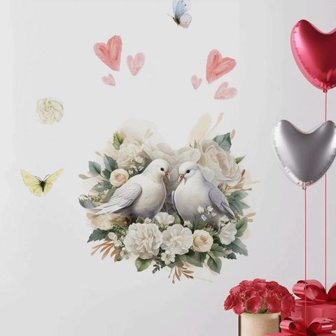 Romantische Duiven Hart Bloem Muursticker Voor Valentijnsdag Bruiloft Slaapkamer Woonkamer PVC Zelfklevend Verwijderbaar Decoratie