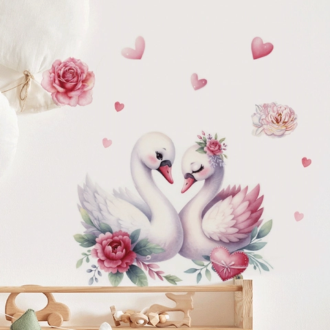 Watercolor Pink Swan Heart Flower Wall Stickers PVC Self Adhesive Removable Wall Decals For Nursery Bedroom Home Decor