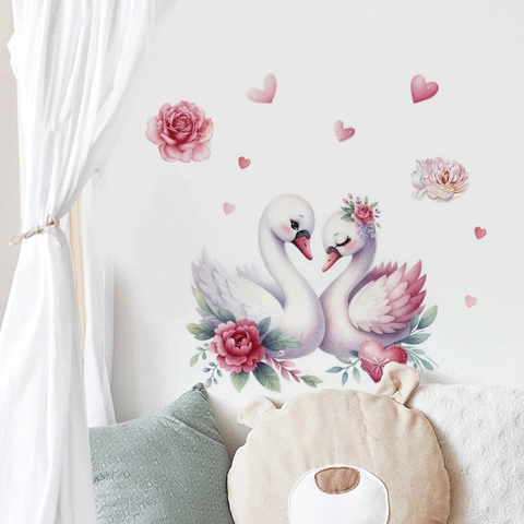 Watercolor Pink Swan Heart Flower Wall Stickers PVC Self Adhesive Removable Wall Decals For Nursery Bedroom Home Decor