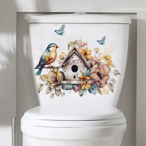 Pegatina de Inodoro de Acuarela Casita de Pájaros Flores Impermeable Autoadhesivo PVC Removible Vinilo Decorativo de Baño