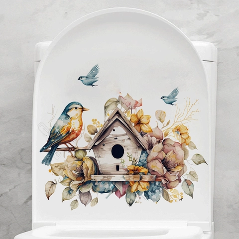 Pegatina de Inodoro de Acuarela Casita de Pájaros Flores Impermeable Autoadhesivo PVC Removible Vinilo Decorativo de Baño