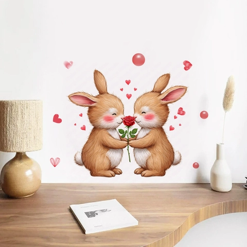 Cartoon Rabbit Heart Rose Wall Sticker Removable PVC Self Adhesive Decal For Living Room Bedroom Valentine Day Home Decor