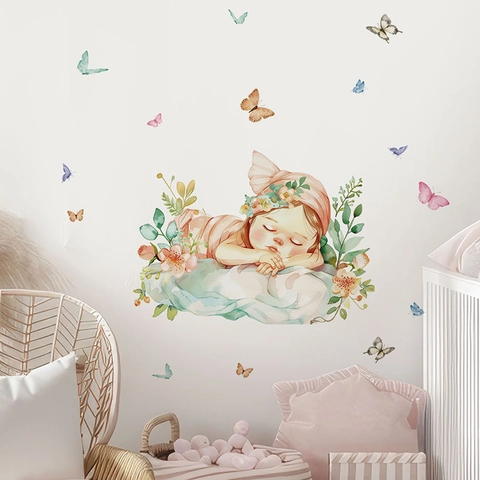 Watercolor Sleeping Baby Wall Decal With Colorful Butterflies And Flowers Removable PVC Self Adhesive Home Decor Sticker