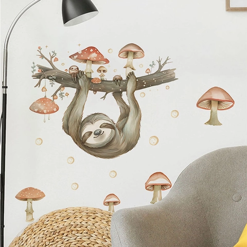 Cartoon Sloth And Mushroom Wall Stickers Watercolor Animals Tree Branch Decals For Kids Room Living Room Bedroom Home Decor