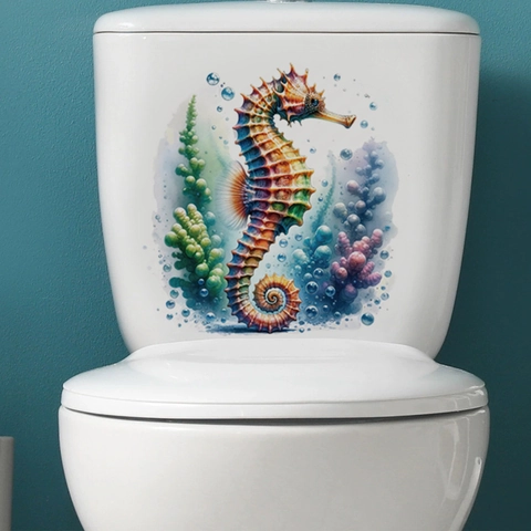Adesivo per WC in PVC Impermeabile Hippocampus Motivo Vita Marina Alghe Rimovibile Autoadesivo Decorazione Parete Bagno