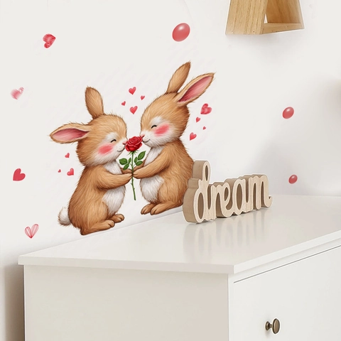 Cartoon Rabbit Heart Rose Wall Sticker Removable PVC Self Adhesive Decal For Living Room Bedroom Valentine Day Home Decor