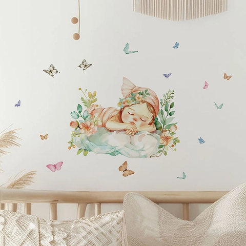 Watercolor Sleeping Baby Wall Decal With Colorful Butterflies And Flowers Removable PVC Self Adhesive Home Decor Sticker