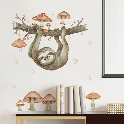 Cartoon Sloth And Mushroom Wall Stickers Watercolor Animals Tree Branch Decals For Kids Room Living Room Bedroom Home Decor