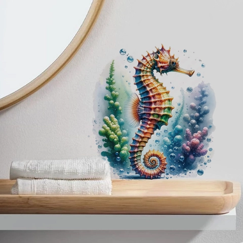 Adesivo per WC in PVC Impermeabile Hippocampus Motivo Vita Marina Alghe Rimovibile Autoadesivo Decorazione Parete Bagno