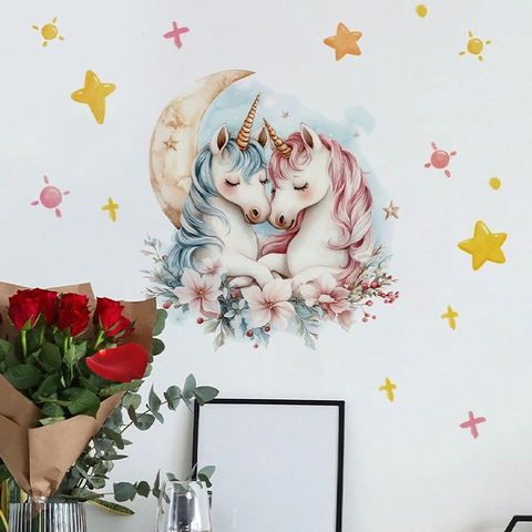 Adesivo da Parete Unicorno Cartone Animato Luna Stella Fiore Acquerello Dipinto a Mano PVC Rimovibile Fai-da-te per Cameretta Bambini