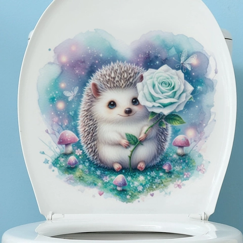 Cartoon Igel Mit Blauer Rose Sternenhimmel Pilz Toilettenaufkleber Abnehmbar Wasserdicht PVC Badezimmer Wandtattoo Home Dekor