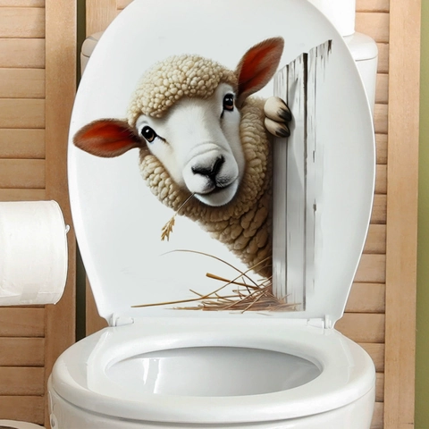 Sticker Toilettes 3D Mouton Curieux Créatif PVC Autocollant Décalcomanie Murale Drôle pour Salle de Bain Salon Décoration